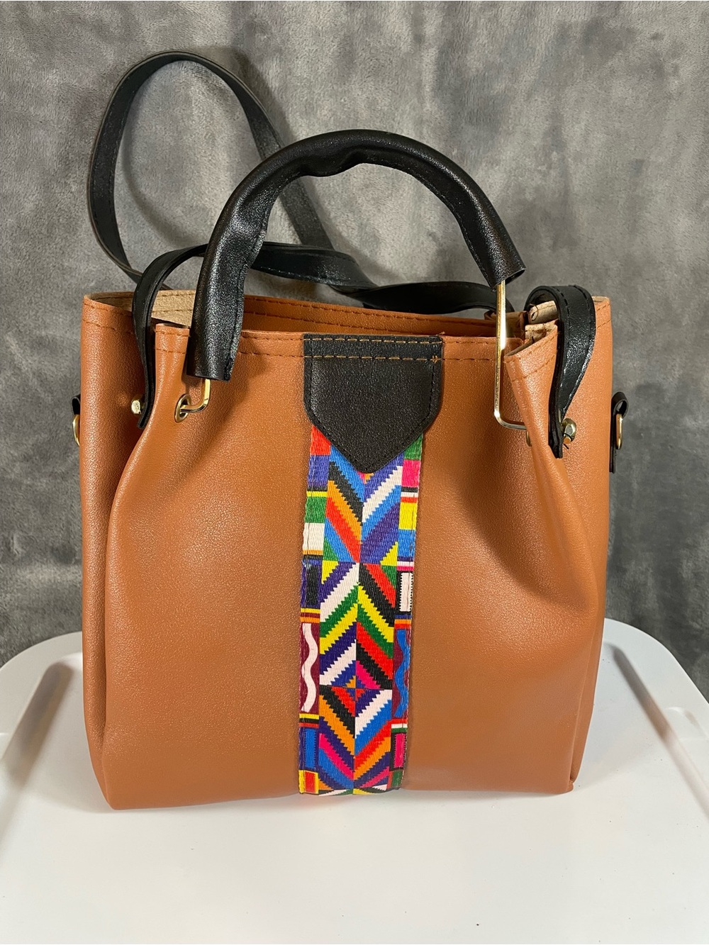 Brown Leather Tote with Multicolor Embroidered Strap